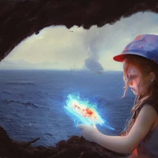 Image similar to candid photo of little girl burning in hell wearing a blue and white fishing hat by Greg Rutkowski, Photorealistic, extremely detailed, UHD, correct face, real hellscape in background, hyperrealistic