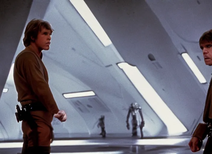 Image similar to epic screenshot portrait of Luke Skywalker arguing with Han Solo, marble temple, iconic scene from the force awakens, 1980s film directed by Stanley Kubrick, cinematic lighting, kodak, strange, hyper real, stunning moody cinematography, with anamorphic lenses, crisp, detailed portrait, 4k image