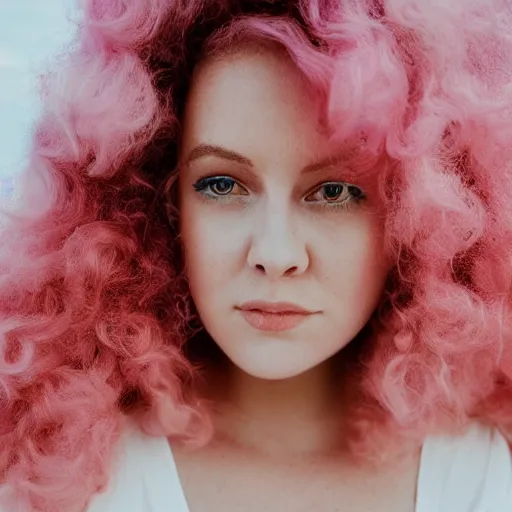 Prompt: a photograph of rose quartz from steven universe, portrait photography, 85mm, iso 400, focus mode, detailed portrait, gigantic pink ringlets, huge curly pink hair, tight gigantic pink curls, warm features, plus size, white dress, gorgeous, kind features, beautiful woman, flattering photo, daylight