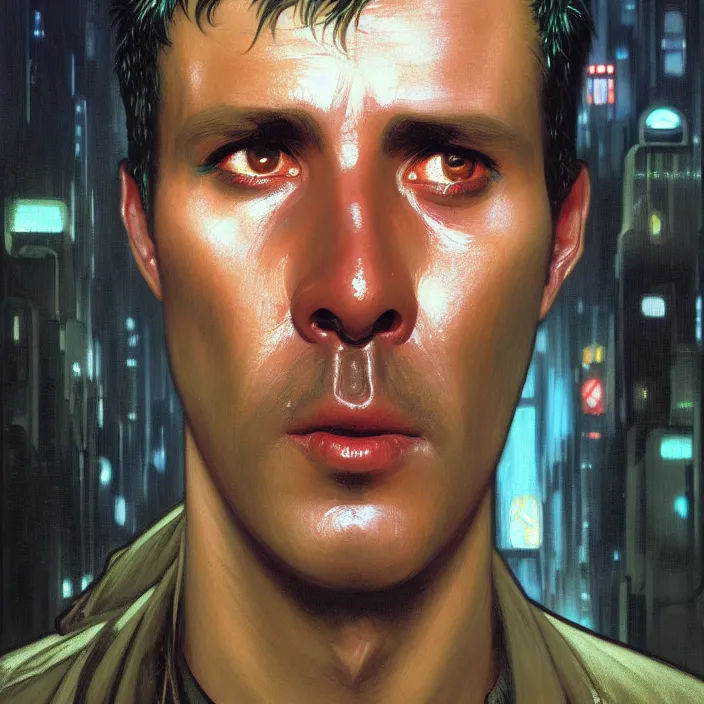 Image similar to excellent painted portrait of a replicant sanitation worker from blade runner (1982), cyberpunk blade runner art, character artwork, 8k resolution artwork, trending on artstation, detailed oil painting portrait, art by artgerm and greg rutkowski and alphonse mucha and craig mullins and James Jean and Andrei Riabovitchev and Marc Simonetti and peter mohrbacher, matte painting