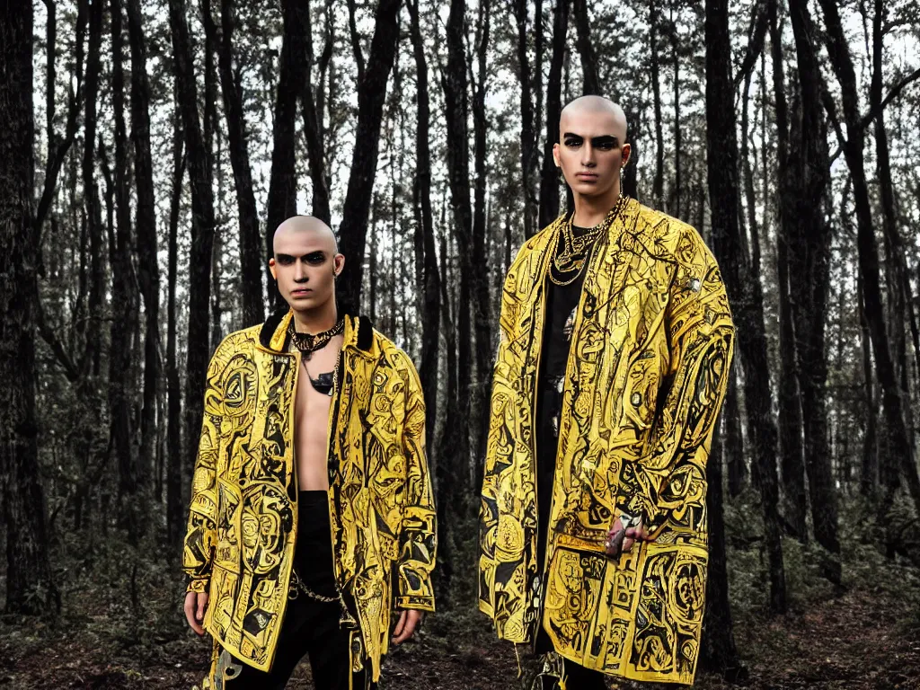 Prompt: versace avant garde oversized jacket arctic fur gold necklace textiles streetwear cyberpunk indigenous commanche descendant shaved head in the woods overcast late evening dramatic professional color 8 k hdr
