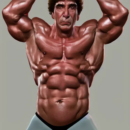 Image similar to kramer from seinfield as a bodybuilder, au naturel, hyper detailed, digital art, trending in artstation, cinematic lighting, studio quality, smooth render, unreal engine 5 rendered, octane rendered, art style by klimt and nixeu and ian sprigger and wlop and krenz cushart