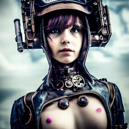 Prompt: prompt, futuristic steampunk, awesome, modelsociety, radiant skin, huge anime eyes, steampunk, rtx on, perfect face, intricate, sony a 7 r iv, symmetric balance, polarizing filter, photolab, lightroom, 4 k, dolby vision, photography award