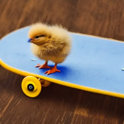 Prompt: a baby chick riding a skateboard