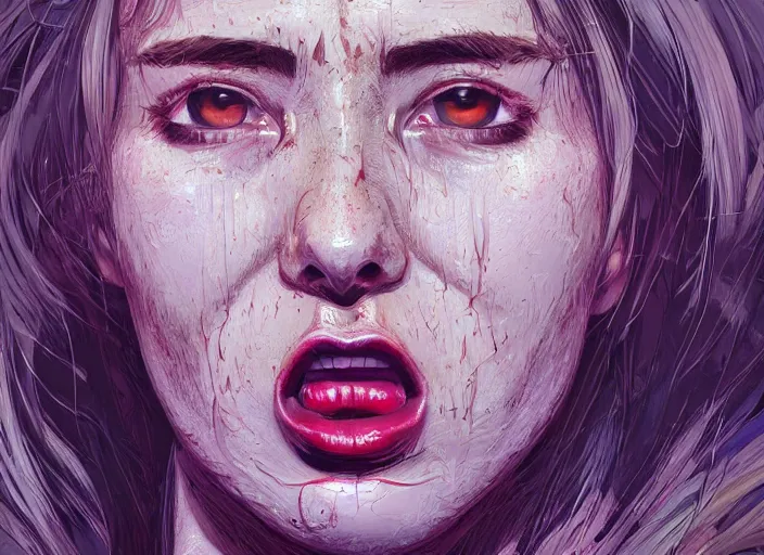 Image similar to wide open queen mouth, close - up, cry, defiant, full lips, anatomy color photograph, light effect, hyper detailed, intricate, elegant, highly detailed, digital painting, artstation, concept art, matte, sharp focus, illustration, by dan mumford, yusuke murata, makoto shinkai, ross tran