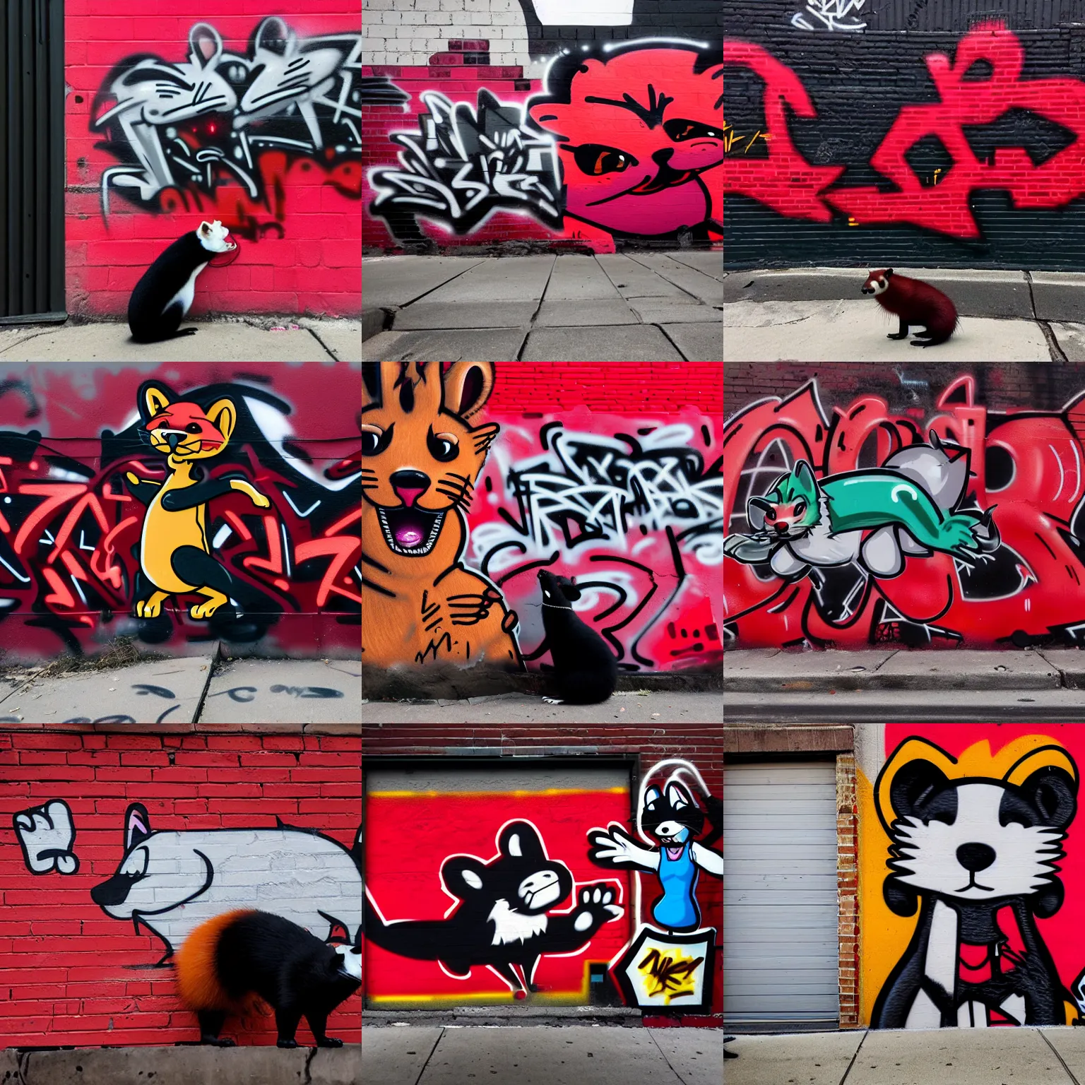 Prompt: photo [ far ], subject [ furry _ fandom _ fursona _ original _ character ( red - black _ fur _ palette, anthropomorphic _ weasel - ferret - stoat ) ], medium [ graffiti, wall ], location [ chicago ( alley ) ]