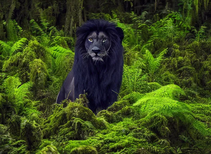 Prompt: professional wildlife photograph of a black lion standing in a dark jungle at night, surrounded by dense trees, moss, ferns, volumetric lighting, apex predator, natgeo