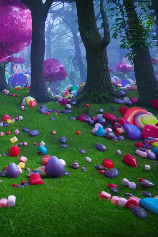 Image similar to a fancy forest made of candy and sweats, unreal engine, realistic, fantasy scenic, atmospheric