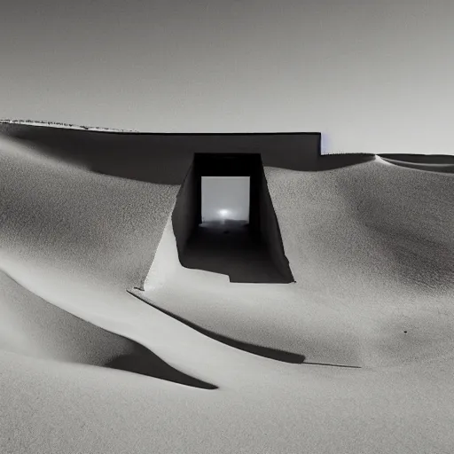 Prompt: a building buried in a desert dune, surreal, neon lights, james turrel, minimalist architecture,