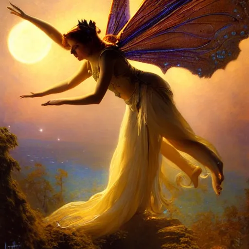 Image similar to attractive fairy queen fly high in the night, fantasy, full moon in background. hyper detailed painting by gaston bussiere, craig mullins, j. c. leyendecker, mid shot, 8 k, cryengone, cinematic lighting, beautiful,