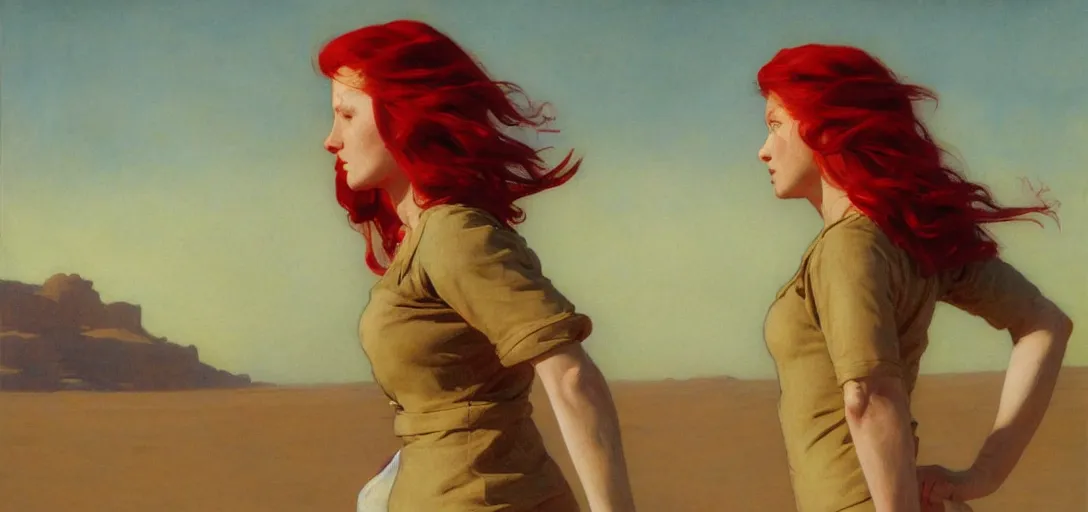 Prompt: front portrait of a nurse with long red hair, blazing sun, running in a huge desert, sci - fi by emile friant and moebius