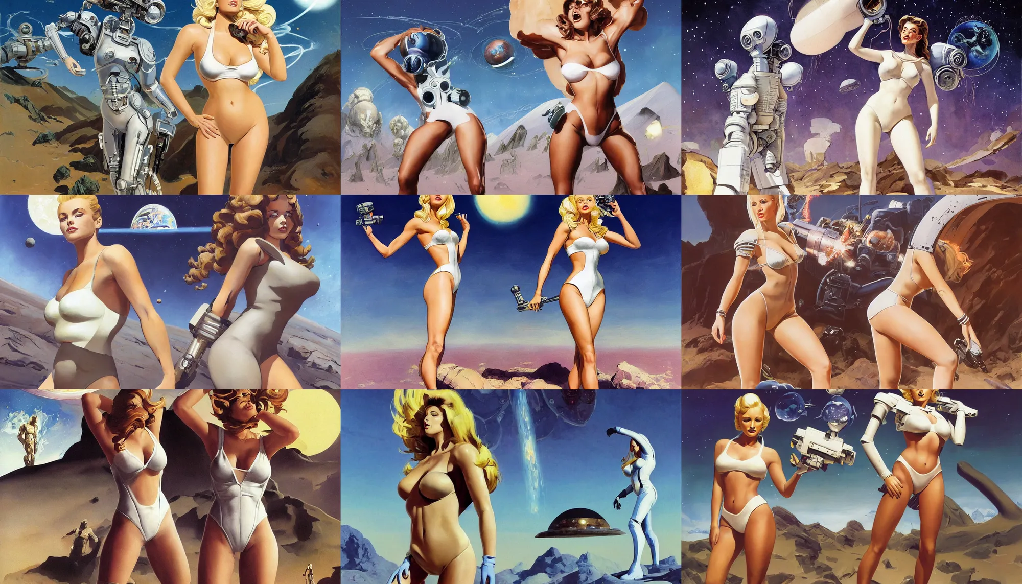 Image similar to A mixed media portrait painting of a beautiful blonde brunette woman exploring an alien planet, very curvy, aesthetic! high-waisted white-bikini-armor and boots, holding raygun, aesthetic symmetrical face and eyes, model, Scandinavian, wet, discarded mechsuit in background, by Frank Frazetta, Boris Vallejo, Beeple, Greg Rutkowski, Christian MacNevin, eighties-pinup style, epic fantasy character art, high fantasy, CGsociety, exquisite detail, post-processing, masterpiece, cinematic