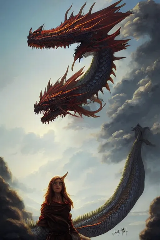 Image similar to giant oriental dragon in the sky, d & d, fantasy, portrait, highly detailed, headshot, digital painting, trending on artstation, concept art, sharp focus, illustration, art by artgerm and greg rutkowski and magali villeneuve