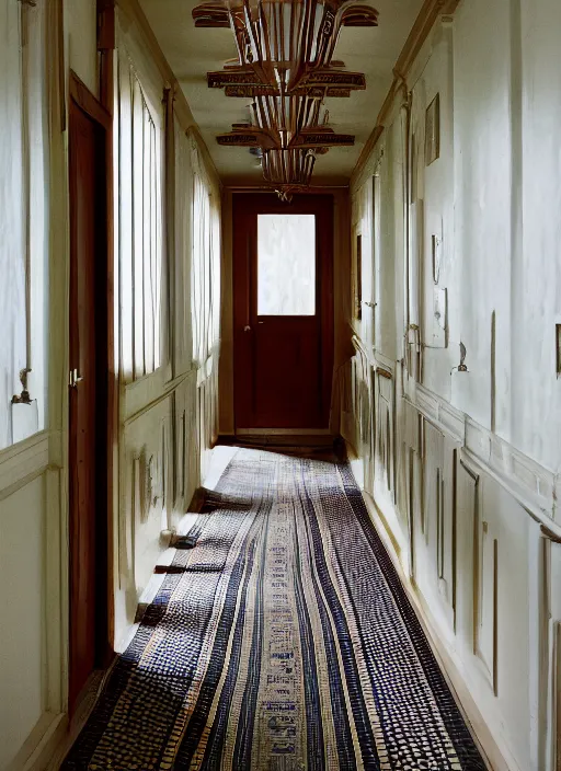 Prompt: photograph of a hallway in the style of wes anderson, architecture magazine, dezeen, 5 0 mm, pentax, film