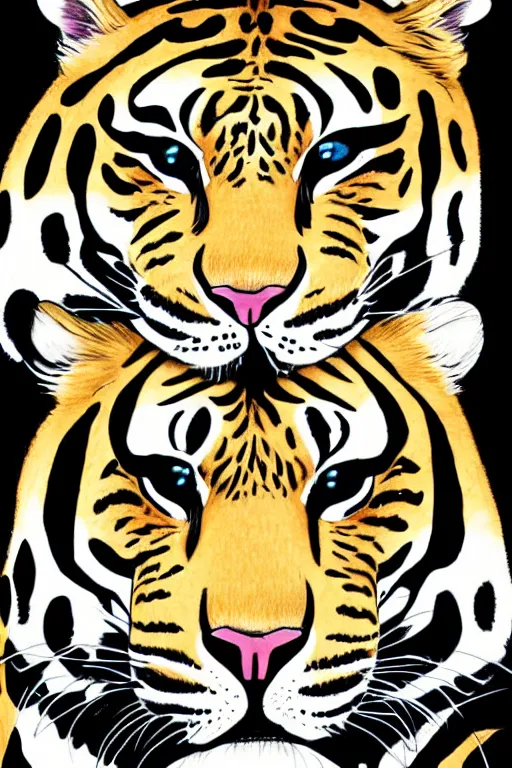 Image similar to 8K UHD tigerpunk leopard panther, long wavy fur, bright eyes, long fangs, medium full shot, colored asian ink drawing, anime, cartoon, Korean folk art