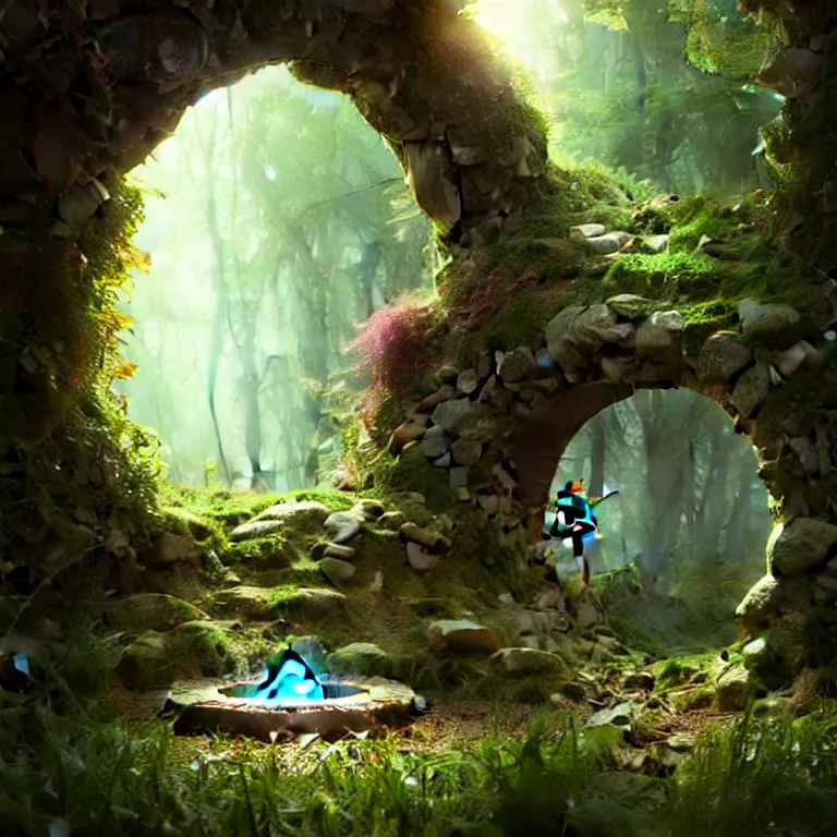 Image similar to Fantasy Magical fairy-tale stone portal in the forest. Round stone portal teleport in trees to other worlds. Fantastic landscape. Magic Altar in the fores, highly detailed, digital painting, artstation, concept art, smooth, sharp focus, illustration, art by artgerm and greg rutkowski and alphonse mucha