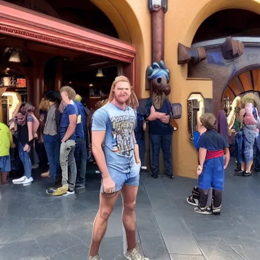 Image similar to Thor standing in line for a ride in DisneyLand