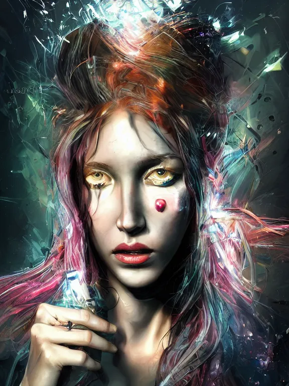 Prompt: digital illustration of a girl with eyes that burn like cigarettes wearing a short skirt and a long jacket with fingernails that shine like justice, dramatic lighting, photorealistic, full body shot, full body portrait, extreme detail, 4 k, colorful, artgerm and craig mullins, detailed face