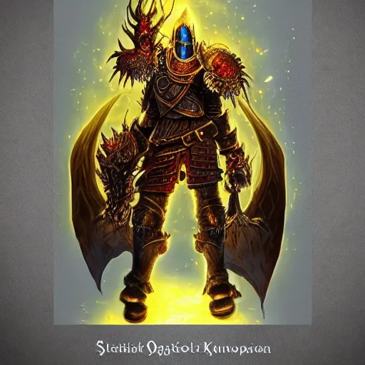 Image similar to three - ply portrait the great death knight dark souls in golden red armor made of polished dragon bones looks relaxed, quantum physics, victorian era