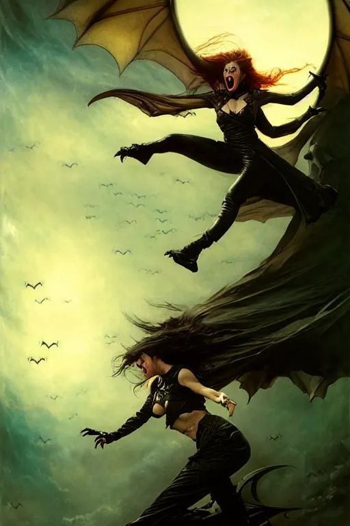 Image similar to evil female vampire jumping, highly detailed, realistic style. night sky with bats. by raymond swanland, gaston bussiere, simon bisley, anna podedworna, ayami kojima, greg rutkowski, maxim verehin