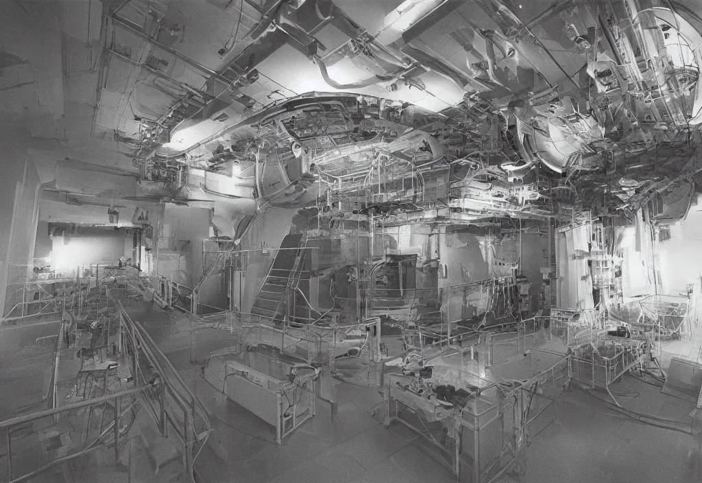 Prompt: « old photography of an underground secrecy research center laboratory containing a huge scanning radioactive particle accelerator machine, ultra realistic, ultra detailed, cursed »