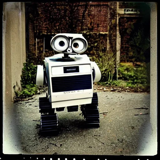 Image similar to polaroid of wall - e robot in abandoned washington city