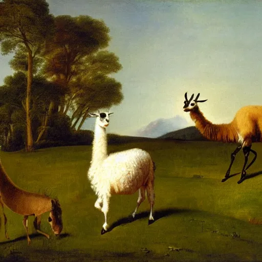 Prompt: George Stubbs oil painting of a man and a llama in a meadow.