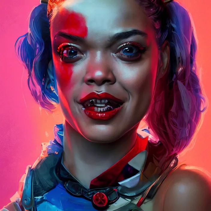 Prompt: portrait of Tessa Thompson as a harley quinn. intricate abstract. intricate artwork. by Tooth Wu, wlop, beeple, dan mumford. octane render, trending on artstation, greg rutkowski very coherent symmetrical artwork. cinematic, hyper realism, high detail, octane render, 8k, iridescent accents