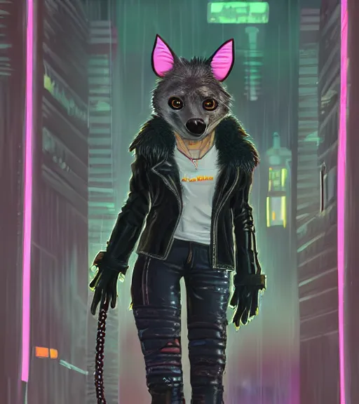 Image similar to digital painting of anthromorphic hyena female smoking cigarrete, fursona, furry fandom, furaffinity, neon rainy cyberpunk setting, anthro, wearing cyberpunk leather jacket, detailed face, blade runner, zootopia style,