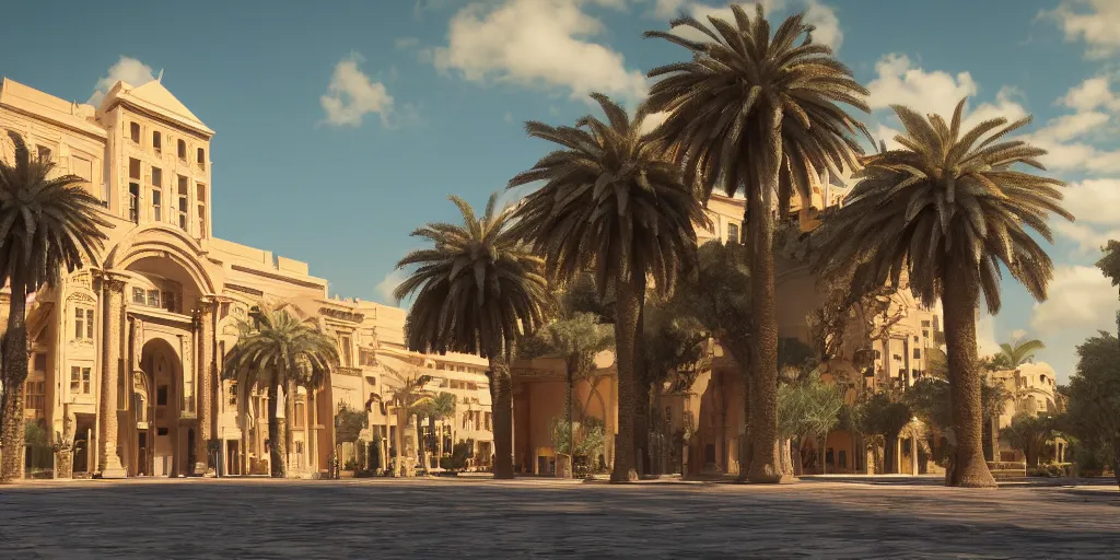 Prompt: khedival opera house, talaat Harb Square cairo, epic wide shot in unreal engine 5, beautiful clouds, dappled afternoon sunlight, acacia trees, date palm trees, shrubs, flowers, 4k, colorful, octane render, artstation