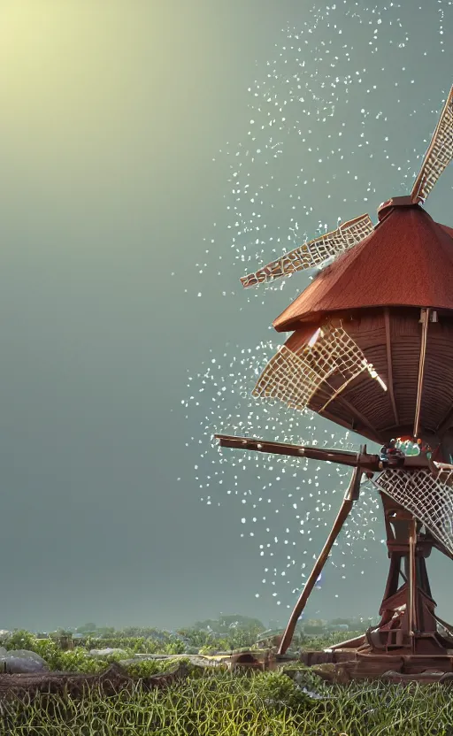 Image similar to tiny wooden windmill, floating, rbc, radiolaria, protophyta, micro - organisms, center frame, symmetric, rim light, marine microbiology, bioluminescence, electric, soft, concept art, intricate details, highly detailed, colorful, photorealistic, disney pixar, octane render, iridescent, anime, 8 k