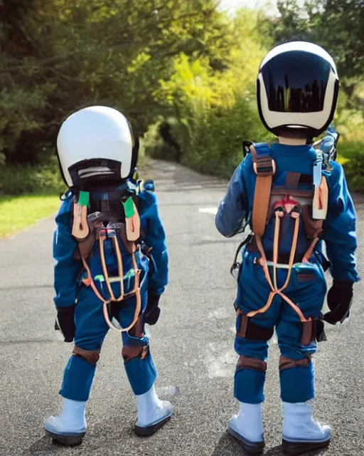 Image similar to cute toddlers wearing flight suits and motorcycle helmets, fly to school using their jet packs, hyperreal