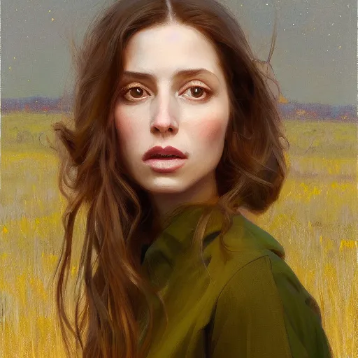 Prompt: epic painting of highly detailed long brown haired female in olive dress on golden glowing background in style of amy leibowitz, wlop, jeremy lipkin, beeple
