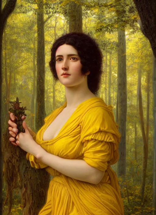 Image similar to intricate oil painting portrait by John William Godward and Anna Dittman depicting a female fantasy cleric in a bright temple surrounded by yellow spring forest and dead trees, evening, atmospheric lighting, intricate detail, cgsociety, hyperrealistic, octane render, RPG portrait, ambient light, dynamic lighting