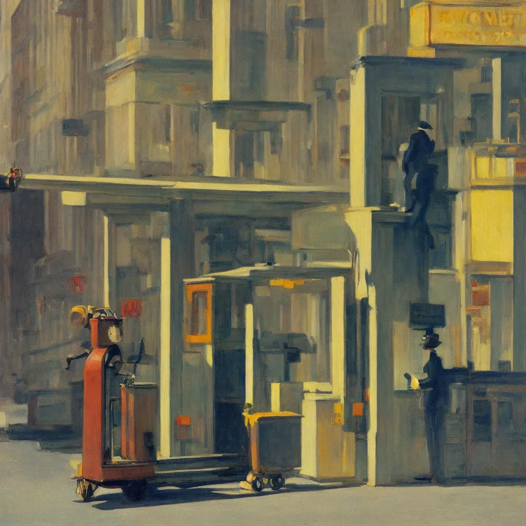 Image similar to a painting of a tin can robot with luggage in new york by Edward Hopper