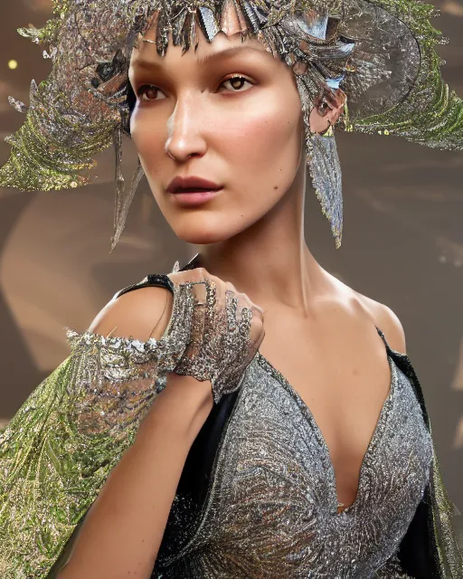 Image similar to a highly detailed metahuman 8 k close up render of bella hadid in veil renaissance in iris van herpen dress schiaparelli in diamonds crystals swarovski and jewelry iridescent in style of alphonse mucha trending on artstation made in unreal engine 4