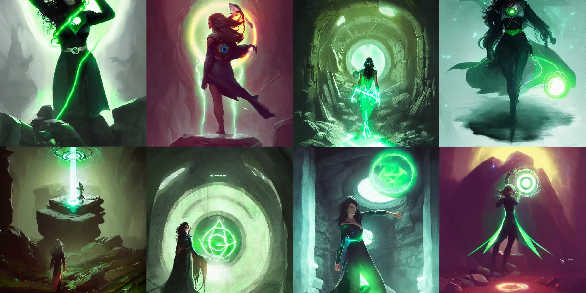 Prompt: sorceress, portal in the rock, dark atmosphere, glowing runes, green lantern light, dark coat, long hair, by greg rutkowski, trending on artstation,