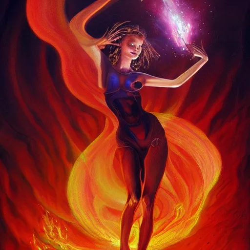 Image similar to A beautiful painting of a female cosmic being with flames as her body by Jim Burns, 8K, ultra-detailed , Trending on artstation.