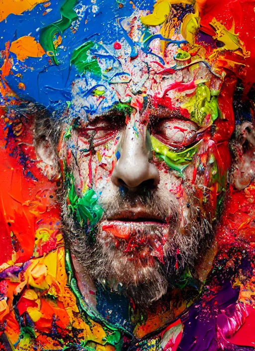 Image similar to abstract expressionist mid shot portrait of a man made of very thick impasto paint and acrylic pour and coloured powder explosion and splashing paint and dripping paint and flying paint chunks, eyes closed or not visible, expressing strong emotions, art by antony micallef, motion blur, hyperrealistic, intricate art photography, anatomically correct, realistic crisp textures, 1 6 k