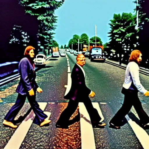 Prompt: the three stooges crossing abbey road,