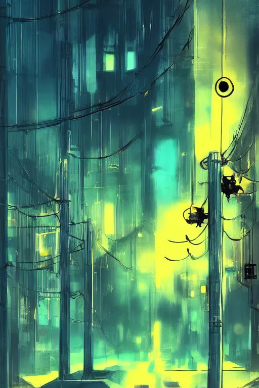 Prompt: teal and yellow colors. Utility poles in style of cytus and deemo, mysterious vibes, set in half-life 2, beautiful with eerie vibes, very inspirational, very stylish, surrealistic, perfect digital art, mystical journey in strange world, bastion game