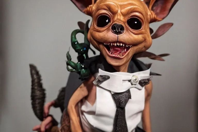 Image similar to a realistic tattoo of gizmo from the movie gremlins wearing a wedding suit and looking happy. neo modern tattoo school, tattoo, dslr