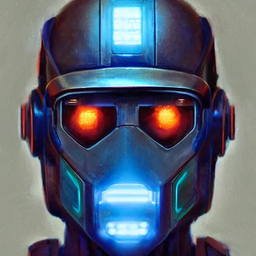 Image similar to robot with glowing blue monovisor as a realistic scifi cyberpunk knight, closeup portrait art by donato giancola and greg rutkowski, realistic face, digital art, trending on artstation, symmetry!!!