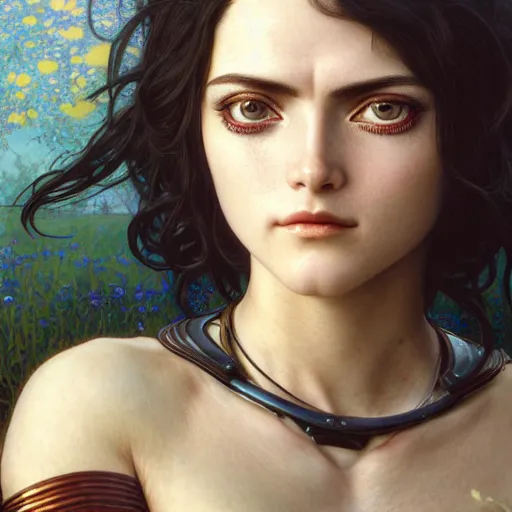 Image similar to Masterpiece portrait of battle angel Alita drawn by Donato Giancola and Tom Bagshaw, face by Artgerm and Edmund Leighton, Alphonse Mucha, background by James Jean and Gustav Klimt, 4k, robotic body, porcelain skin, komorebi, french nouveau, trending on pixiv, octane render, hyperrealistic