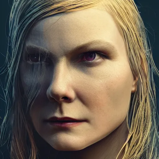 Prompt: kirsten dunst portrait, dystopia core, apocalyptic, armor, warrior, dramatic, sharp focus, fiction, neon, fantasy, hyper detailed, digital art, trending in artstation, cinematic lighting, studio quality, smooth render, unreal engine 5 rendered, octane rendered, art style and nixeu and wlop and krenz cushart