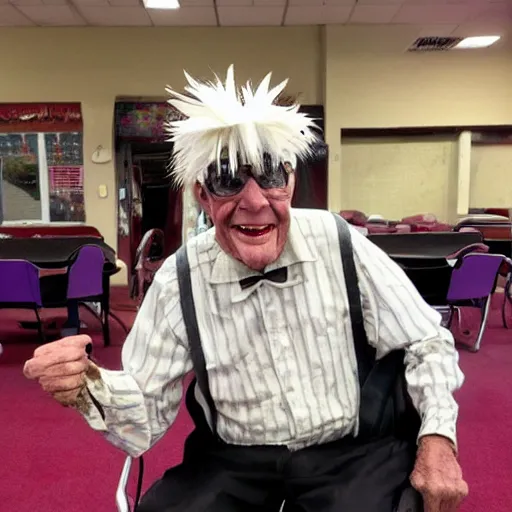 Prompt: an elderly male rooster dressed up for bingo night