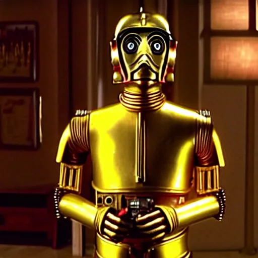 Prompt: mr. bean as c 3 po from star wars. movie still. cinematic lighting.