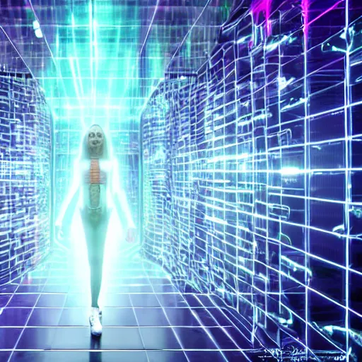 Image similar to chromatic cyborg female discovering her own consciousness in a mirror maze (Unreal Engine, 3D, Reflections, Glossy, Hyer-Realistic, Futuristic, Noise, Gradient)