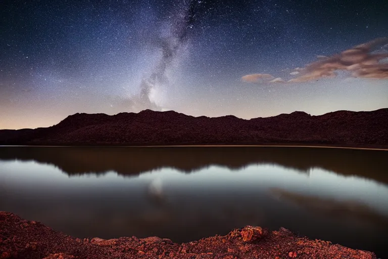 Image similar to beautiful moonlit dark starry landscape photography of an Arizona desert, lake, dramatic lighting