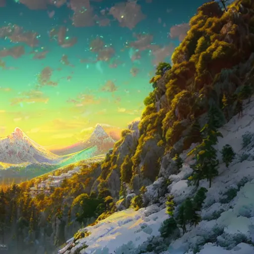 Image similar to the aesthetic view of the beautiful, grand, wistful, dreamy snowcapped mountain at dusk, hyperrealistic anime illustration by iralki nadar, colorful, extremely detailed, intricate linework, super sharp focus, bright colors, octopath traveler, studio ghibli, unreal engine 5 highly rendered, global illumination, radiant light, detailed and intricate environment